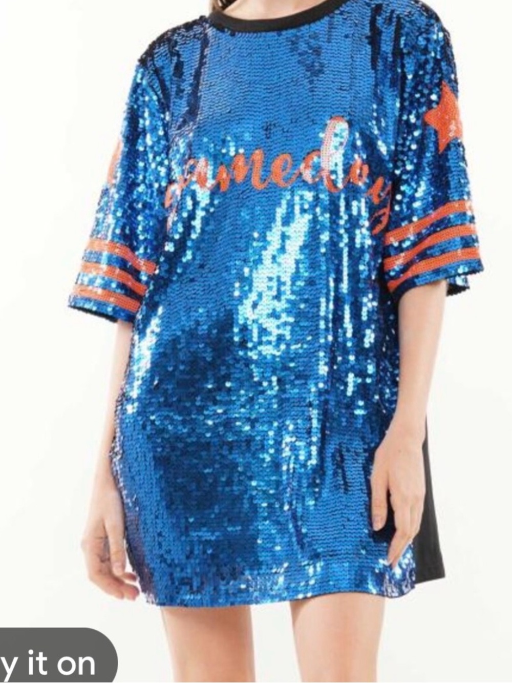 Blue Sequin Short Sleeve dress with Orange Accents